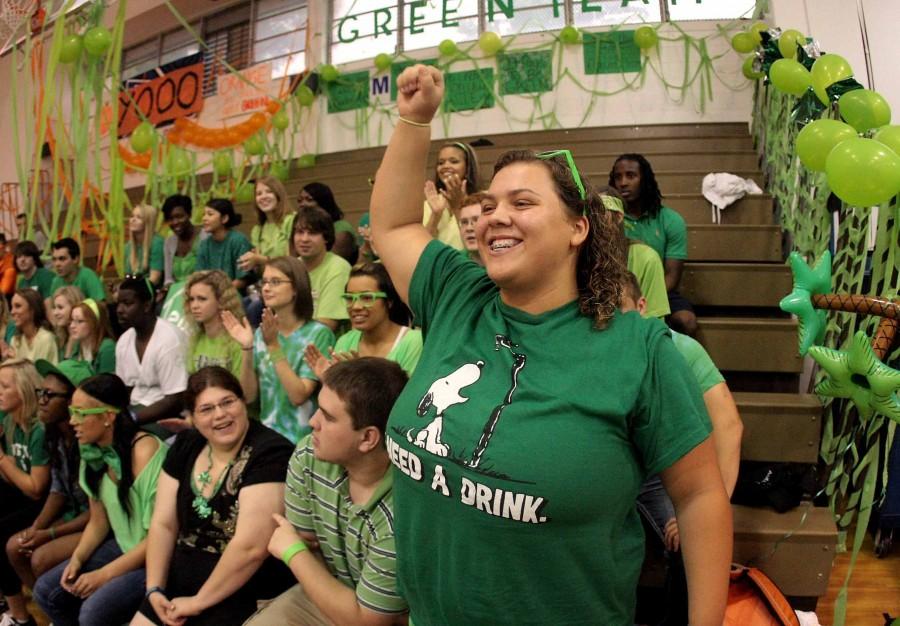 Senior Kristen Dudley stands in excitement over the green team taking the lead. ASHLEY COLLINS PHOTO