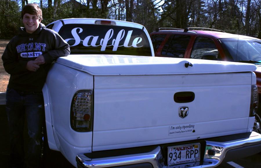 Sporting his new decal, junior Austin Saffle, want his name to be known. | Baylie McLaren photo