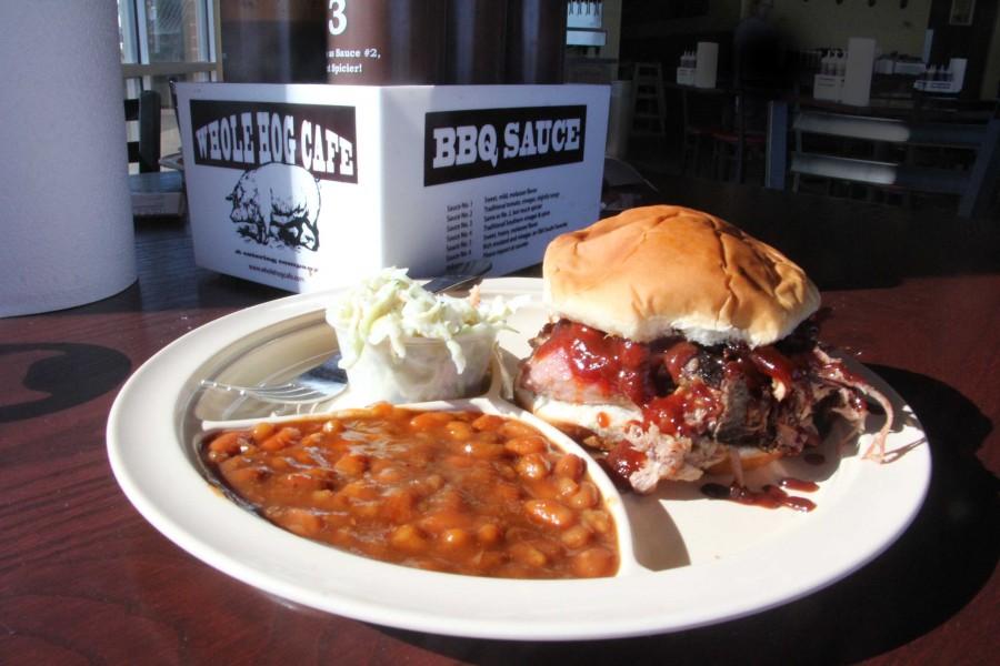 Whole Hog Cafes pulled pork sandwich, baked beans and coleslaw | photo Page Staggs