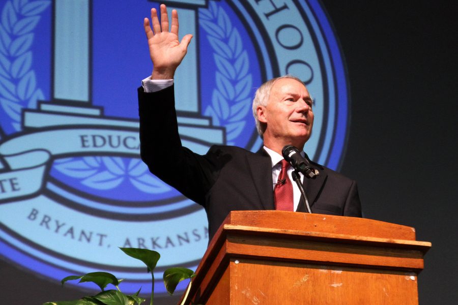 Governor Asa Hutchinson introduces himself to the junior class Monday, August 22 in Love Auditorium. Thank you for your hospitality and for allowing me to come talk about what you will consider a very boring subject, and that is computer coding,” Hutchinson said in his opening statements. This was the second stop (after Benton High School) of his statewide coding tour. | photo Hannah Martin