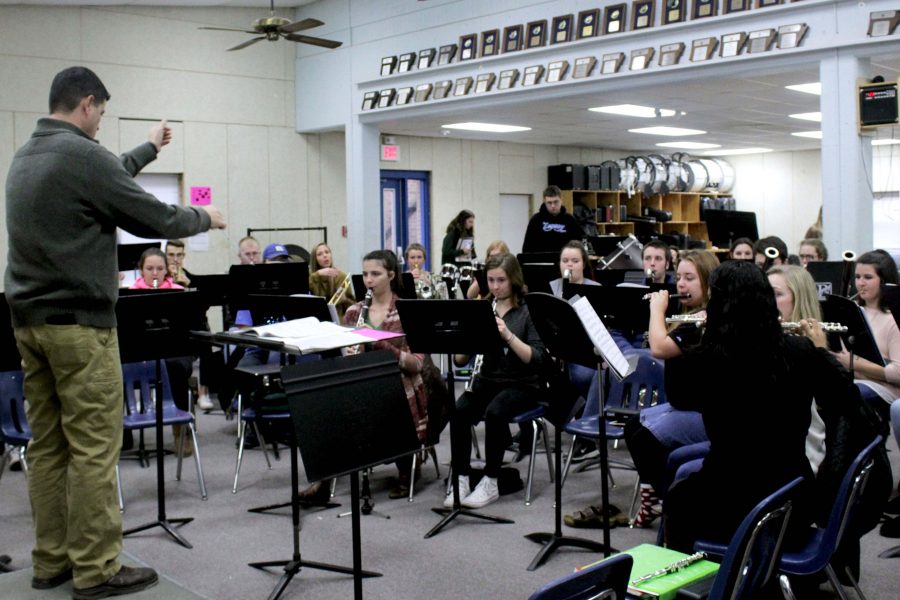 Wind Ensemble rehearses under the direction of Keith Matthews during seventh period. While the pit orchestra for Beauty and the Beast is comprised of Wind Ensemble members, recent hire Josh Gardner will be leading the group instead of Matthews.
