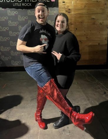 Junior Amelia Nickols and Choir teacher Tanner Oglesby pose for a photo outside the theater in which the production of Kinky Boots took place.