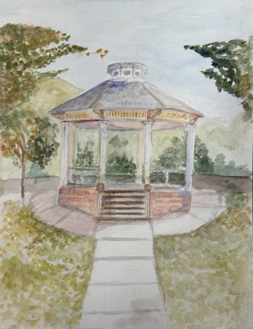 Created by Prospectives illustrator Kenzie McCullar, this watercolor painting is based off of Stars Hollows gazebo.