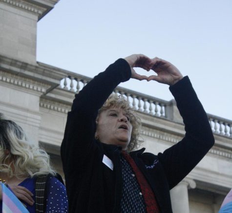 A member of inTRANSitive Arkansas protests at the capitol.