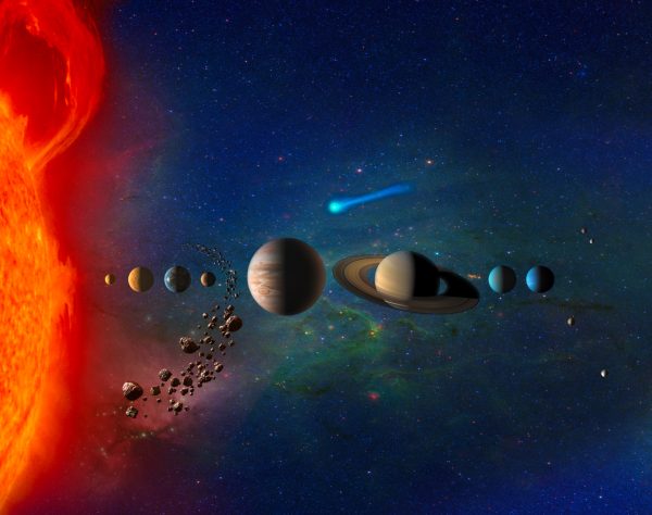 An illustration of our solar system. Planets and other objects are not to scale.
